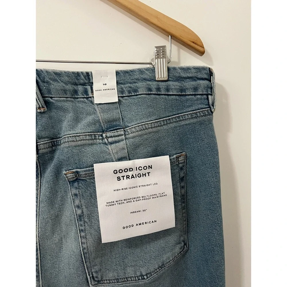 GOOD AMERICAN Good Icon Straight High Rise Jeans Distressed Light‎ Wash Size 16